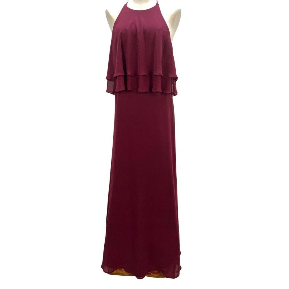 Reverie Burgundy Halter Maxi Dress Size 12 Double Tier Ruffle Overlay Open Back